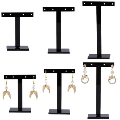 SUNNYCLUE 6Pcs 3 Sizes Earring Display Stand Earring Display Holder Set Acrylic Jewelry Holders Necklaces Bracelet Ear Studs Organizer Black T Bar Jewelry Stands for Selling Storage Show Photo