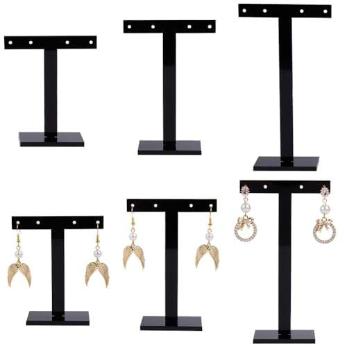 SUNNYCLUE 6Pcs 3 Sizes Earring Display Stand Earring Display Holder Set Acrylic Jewelry Holders Necklaces Bracelet Ear Studs Organizer Black T Bar Jewelry Stands for Selling Storage Show Photo