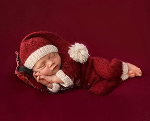 Christmas Newborn Baby Photo Shoot Props Outfits Crochet Clothes Santa Claus Red Hat Pants Photography Props - color: Red and White
