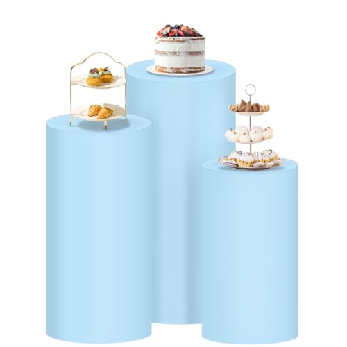 Socomi Blue Spandex Cylinder Pedestal Stand Covers - Set of 3 Sizes for Birthday Party Wedding Decoration - color: Blue, size: Set of 3