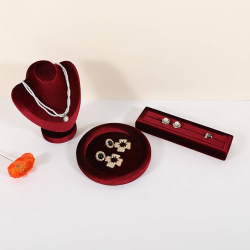 Velvet Jewelry Display Tray, Round Jewelry Organizer Plate, Empty Jewelry Showcase Tray for Necklaces, Bracelets, Rings, Earrings【Red-Small, 5.9 x 5.9 in 】 - color: Red, size: 5.9 x 5.9 in