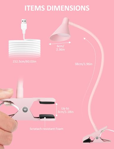 LiFMIRA Pink Small Desk Lamp Clip on LED Reading Light for Bed, 3 Color Modes 10 Dimmable Brightness, Book in Bed Headboard, Flexible Neck Clamp BL08 - color: Pink