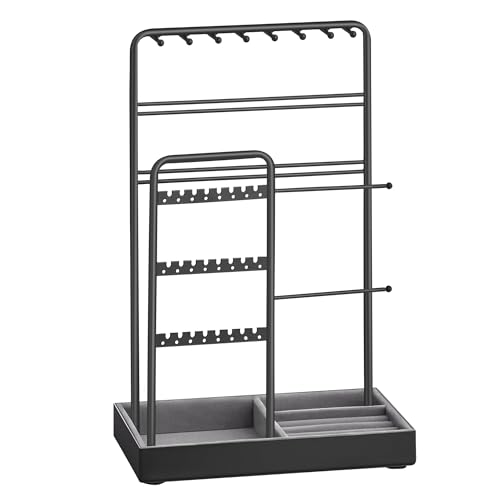 SONGMICS Necklace Holder, Jewelry Stand Holder Organizer, Jewelry Display with Metal Frame, Velvet Tray,Earring Bracelet Holder, for Gift Idea, 4.5 x 7.7 x 12.1 inch, Ink Black UJJS021B01 - color: Ink Black, size: 4.5"D x 7.7"W x 12.1"H