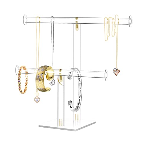 Acrylic Jewelry Display,Clear Acrylic Round Bracelet Display Holder Organizer Jewelry Holde Organizer Tree Stand, 2 Tier Jewelry Display Necklace Holder Stand (2-Bar)
