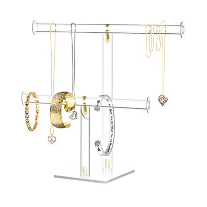 Acrylic Jewelry Display,Clear Acrylic Round Bracelet Display Holder Organizer Jewelry Holde Organizer Tree Stand, 2 Tier Jewelry Display Necklace Holder Stand (2-Bar)