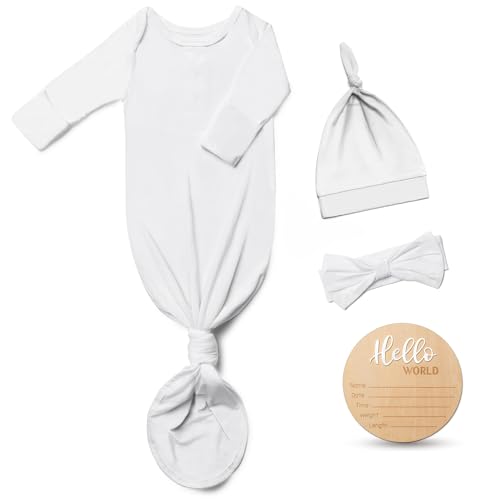 Hello World Newborn Outfit Knotted Gown 0-3 Months, Baby Girl Boy Coming Home Sleeper with Sign - color: White, size: Newborn