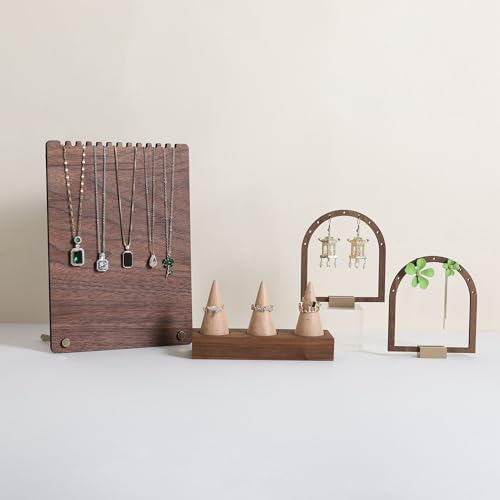 Wooden ring organizer holder for jewelry, Stable ring display stand for boutique store, walnut base with white ring cones for jewelry selling【Ring holder-Cone 3】 - style: Three Cone