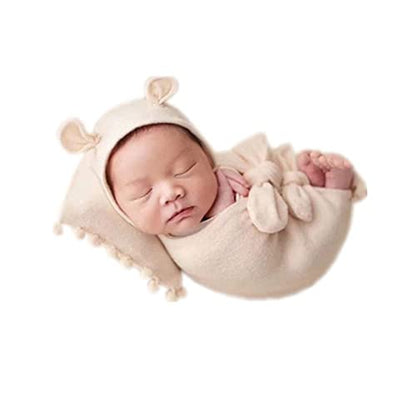 Newborn Baby Boy Girl Photography Props Bow Wrap, Posing Aid, Hat and Blanket Set of 4 Pcs - color: Creamy White