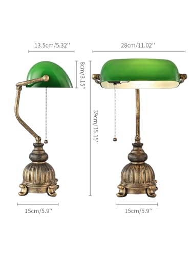 Retro Green Glass Bankers Desk Lamp for Home Office,Library with Pull Chain Switch Plug in Fixture, LED Bulb Included - color: Antique+Green1