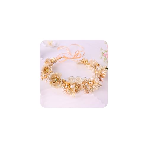 Adjustable Flower Crown Headband for Women - Floral Garland Hair Wreath with Crystal Accents Perfect for Weddings Flower Wands Photo Props (Gold Flower Pearl, Adjustable) - color: Gold Flower Pearl