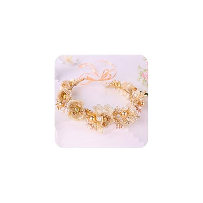 Adjustable Flower Crown Headband for Women - Floral Garland Hair Wreath with Crystal Accents Perfect for Weddings Flower Wands Photo Props (Gold Flower Pearl, Adjustable) - color: Gold Flower Pearl
