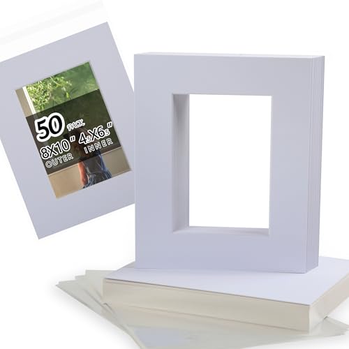 Falling in Art Acid Free 8x10 Pre-Cut Picture Mat Board Kit for 5x7 Photo, Includes 50 White Core Bevel Cut Mattes, 50 Backing Boards, 50 Crystal Clear Bags - size: 10"L x 8"W