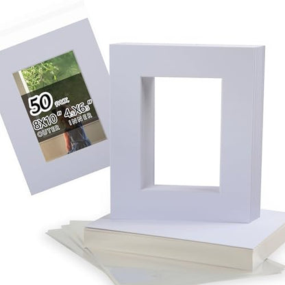 Falling in Art Acid Free 8x10 Pre-Cut Picture Mat Board Kit for 5x7 Photo, Includes 50 White Core Bevel Cut Mattes, 50 Backing Boards, 50 Crystal Clear Bags - size: 10"L x 8"W