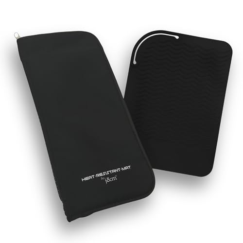 Flat Iron Hair Straightener Silicone Mat & Pouch Pack by j&m - with Heat Proof Mat for Curling Tongs/Wands/Irons - Fits ghd, BaByliss & Larger Straighteners - Zip-Up All-in-One Compact Travel Case - size: Pouch & Mat