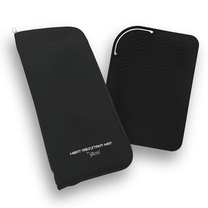 Flat Iron Hair Straightener Silicone Mat & Pouch Pack by j&m - with Heat Proof Mat for Curling Tongs/Wands/Irons - Fits ghd, BaByliss & Larger Straighteners - Zip-Up All-in-One Compact Travel Case - size: Pouch & Mat