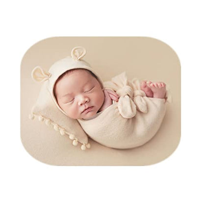 Newborn Baby Boy Girl Photography Props Bow Wrap, Posing Aid, Hat and Blanket Set of 4 Pcs - color: Creamy White