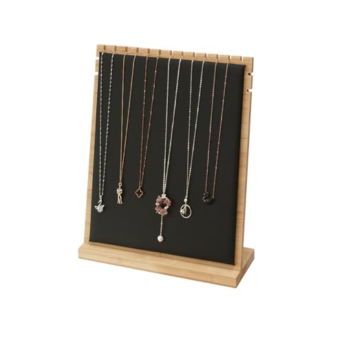 Bamboo Necklace Display Stand, Wood Jewellery Necklace Holder, Chain Jewelry Rack Organizer, Tabletop Display Boards for Home or Shop Sell Show (Black PU) - color: Black PU, size: Medium Size(10.8"X11.8")
