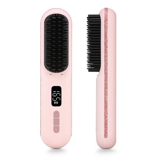 Hair Straightener Brush, Portable Cordless Mini Straightening Brush for Travel, 300M Negative Ions for Frizz-Free Shine, Fast Heating,Hot Comb Hair Straightener with 9 Temps for Women - color: C-pink With Pink