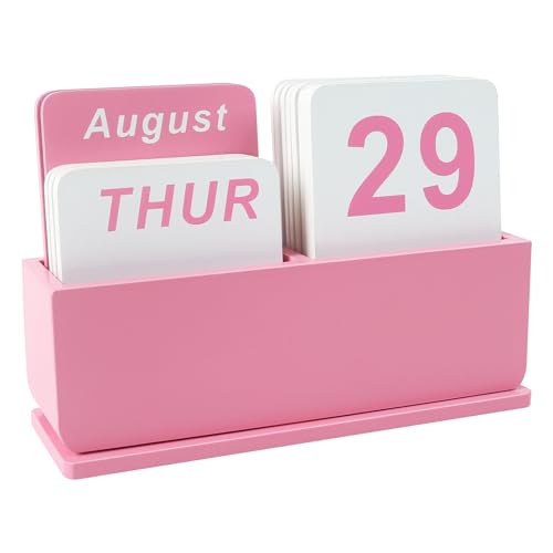 Wooden Block Perpetual Calendar for Desk, Daily Desktop Standing Flip Calendar with Large Display, Modern Farmhouse Aesthetic Desk Accessories for Home Office Decor, Reusable Yearly, Pink - color: Pink