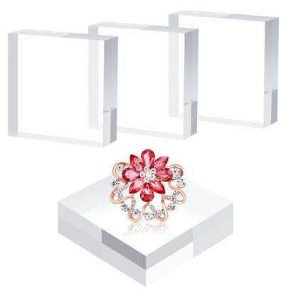 4 Pcs Acrylic Base Stand, 3*3*1 Inch Acrylic Blocks for Display Square Cube Riser Display Pedestal Stands Clear Polished Cubes Holder for Jewelry Perfume Ring Collection Props Cake - size: 7.6*7.6*2.5CM