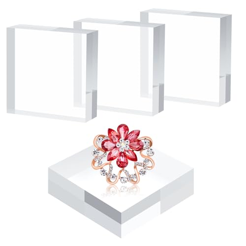 Acrylic Base Stand, 4 Pieces Acrylic Blocks for Display Square Cube Riser Display Pedestal Stands Large Clear Polished Cubes for Jewelry Ring Showcase Holder Base Collection (10.2*10.2*2.5CM) - size: 10.2*10.2*2.5CM