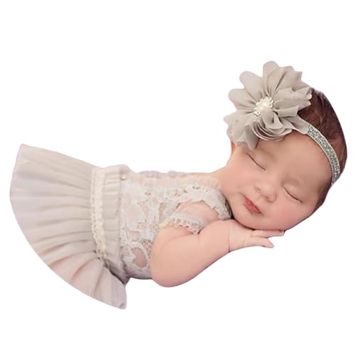 Baby Photography Props Outfit Lace Rompers Newborn Girl Photo Shoot Outfits Flower Headband Princess Costume - color: Grey B