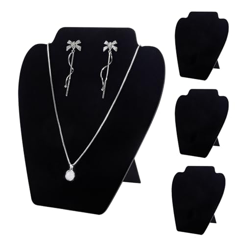 TENINYU Black Necklace Earring Jewelry Display Stand, 8 x 7 Inch Foldable Black Velvet Necklace Bust Easel Chain Holder Organizer Rack for Home or Store Show (4 Pack)