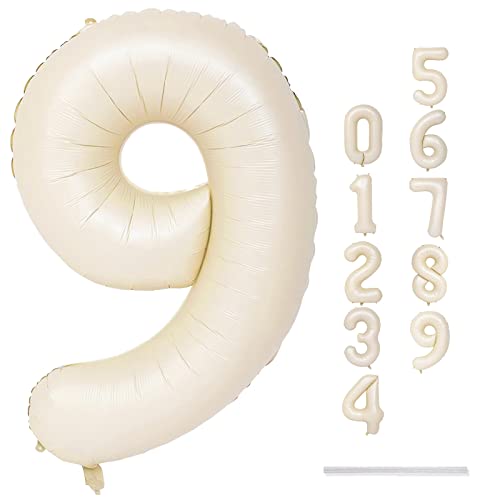 40 Inch Balloon Number 9 Beige, Large Cream Foil Number Balloons Set 0-9, Nude Neutral Digital 9 Helium Balloons for Girls Boys Men Women 9th Birthday Anniversary Graduation Christmas Party Decoration - color: Cream, size: Number 9