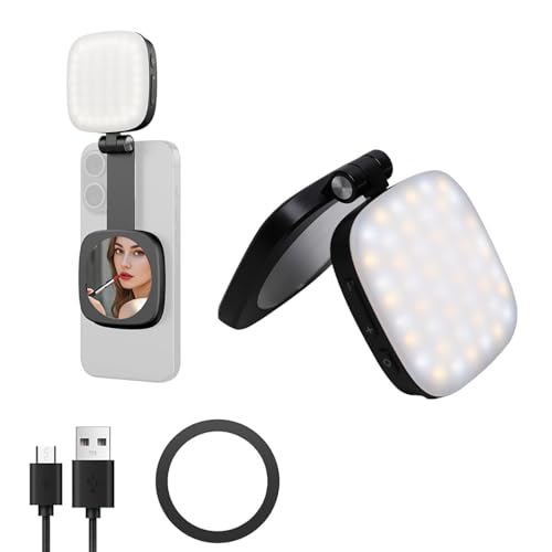Magnetic Selfie Light for iPhone，Phone Light with a Mirror，Folding LED Phone Fill Ring Lighting，Rechargeable Portable Fill Light for Photography/Video Recording/Conference/Vlog/Makeup (Black)