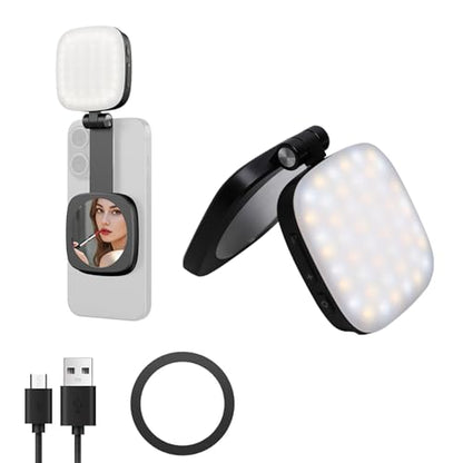 Magnetic Selfie Light for iPhone，Phone Light with a Mirror，Folding LED Phone Fill Ring Lighting，Rechargeable Portable Fill Light for Photography/Video Recording/Conference/Vlog/Makeup (Black)