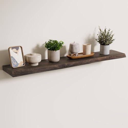 Axeman 40 inch Floating Shelves for Wall - 8'' D Live Edge Rustic Solid Elm Wood Floating Shelves Wall Mounted, Wall Shelves with Invisible Bracket for Living Room Bedroom Kitchen, Set of 1 Walnut - color: Walnut With Live Edge, size: 40 inches - 1P
