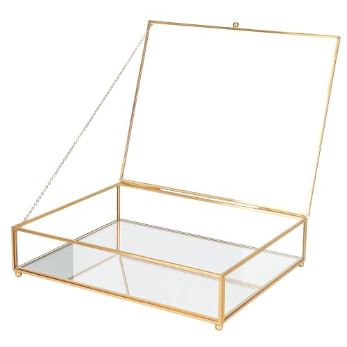 REDHUGO Large Glass Boxes for Display Handmade, Mirrored Bottom, Glass Jewelry Trinket Box with Lid, for Book, Photo, Keepsake Organizer, Display Case for Vanity Decor Home Dresser, Gold - color: Gold, size: Low: 10.4"L × 8.5"W × 2.6"H