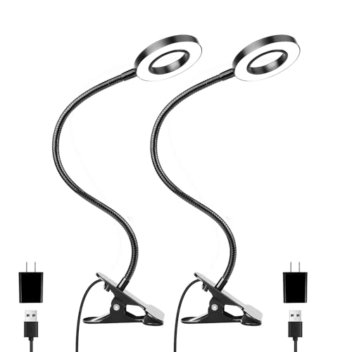 Woputne Desk Clip on Lamp for Reading Home Office, with 5V 2A Adapter, 10 Dimmable Brightness 3 Modes, Clamp Reading Light for Bed Headboard, Craft (2packs, Black)… - color: Black, size: 2 Pieces