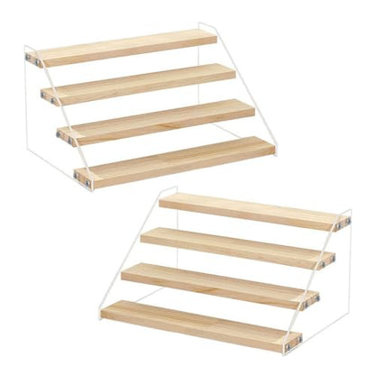2 Pack 4 Tier 12 Inch Acrylic Wooden Display Stand, Clear Acrylic Display Riser Shelf Wood Tiered Display Shelf Rack Step Ladder Riser Stands for Cupcakes Perfumes Figures Collectibles