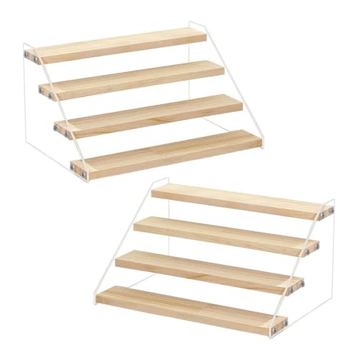 2 Pack 4 Tier 12 Inch Acrylic Wooden Display Stand, Clear Acrylic Display Riser Shelf Wood Tiered Display Shelf Rack Step Ladder Riser Stands for Cupcakes Perfumes Figures Collectibles
