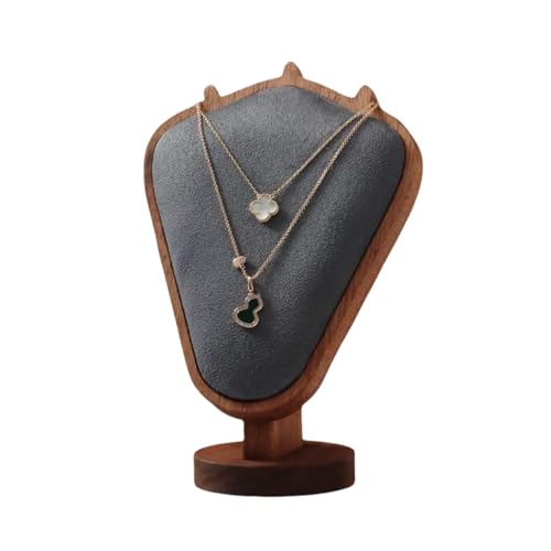 Walnut Color Body Wood Necklace Display Stand with Gray Flannelette Soft Mat Necklace Holder Organizer Desktop Stand for Home Store Dresser-3.3"x5.8"x8.4" - color: Walnut-Gray, size: 3.3"x5.8"x8.4"