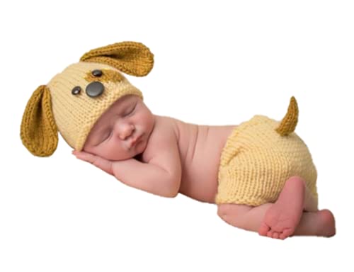 Newborn Baby Photo Shoot Props Girl Boy Crochet Knit Hat Costume Stripe Hat Pants Overalls Photography Props - color: Light Yellow