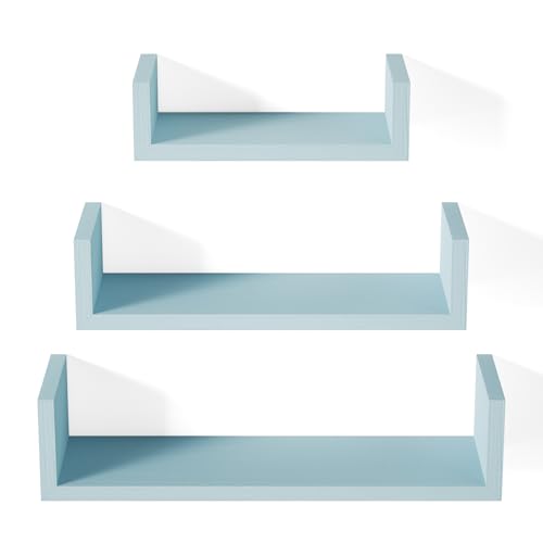 SRIWATANA Floating U Shelves Wall Mounted, Solid Wood Wall Shelves Set of 3 (Blue) - color: Blue