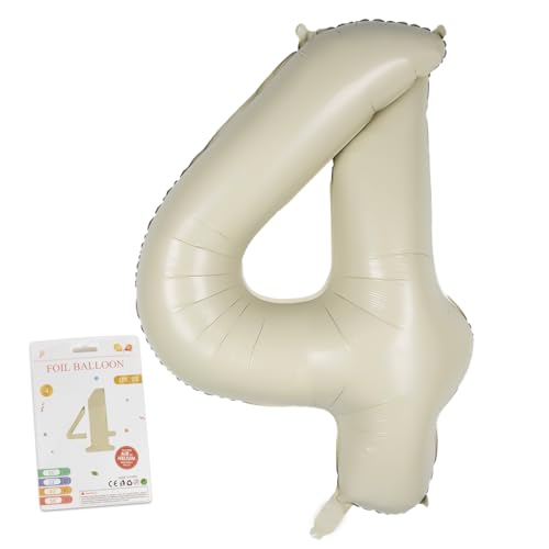 CARGEN 40 Inch Creamy White Number 4 Balloon, Large Beige Foil Mylar Digital 0-9 for Birthday Decorations, Boho Neutral Party Supplies, Wedding Anniversary Photo Props, Helium or Air Fill - style: Number 4
