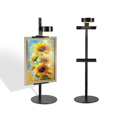 Adjustable Desktop Photo Frame Stand with Magnetic Wall Painting Light, Holds Picture Frames up to 18 Inch,with Rechargeable Battery,Metal Vertical Stand with 3 Color Temperature & 13RGB Poster Lights, for Displaying Picture Frames, Artworks (1 Pack, Blac
