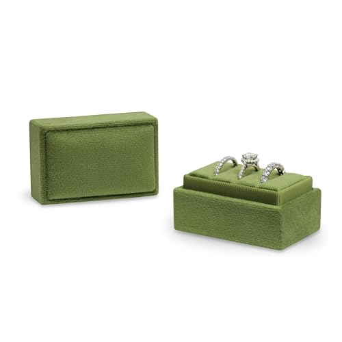 Rectangle 3 Slots Italian Velvet Jewelry Box Engagement Wedding Photo Ring Box Keepsake Box Triple Ring Gift Box (Olive Green) - color: Olive Green