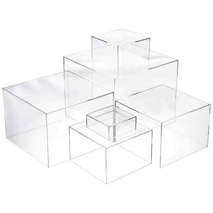 6 Pcs Acrylic Risers for Display Clear Risers Display Stands with Hollow Bottoms 5 Sided Acrylic Cube Boxes Square Nesting Cubes Decorative Stand Shelf for Food Dessert Jewelry Figures Decor 6 Sizes