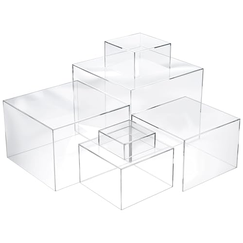 6 Pcs Acrylic Risers for Display Clear Risers Display Stands with Hollow Bottoms 5 Sided Acrylic Cube Boxes Square Nesting Cubes Decorative Stand Shelf for Food Dessert Jewelry Figures Decor 6 Sizes