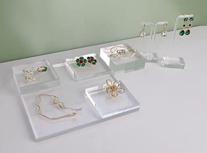 Acrylic earring display risers for selling, Transparent jewelry display riser stand, clear ring riser tray for boutique store selling, Jewelry photo props【3.15 L x3.15 W x0.39 H inch 2pcs】 - size: 3.15 L x3.15 W x0.39 H inch 2pcs