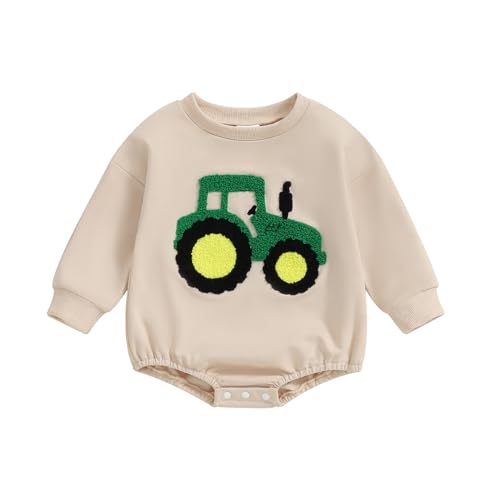 VISGOGO Newborn Infant Baby Boy Girls Oversized Romper Little Dude Sweater Onesie Coming Home Outfit Neutral Clothes - color: Beige-tractor, size: 0-3 Months