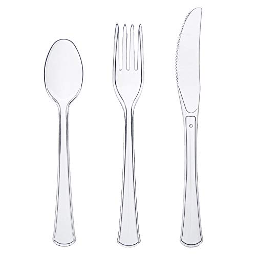 Party Essentials Extra Heavy Duty Hard Plastic Cutlery Combo Pack and Full Size Knives/Forks/Spoons, Clear, 8 Place Setting-Count - color: Clear, size: 24-Pieces/ 8-Place Settings