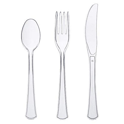 Party Essentials Extra Heavy Duty Hard Plastic Cutlery Combo Pack, Full Size Knives/Forks/Spoons, Clear, 48-Pieces/ 16-Place Settings (N1224CL-2) - color: Clear, size: 48-Pieces/ 16-Place Settings