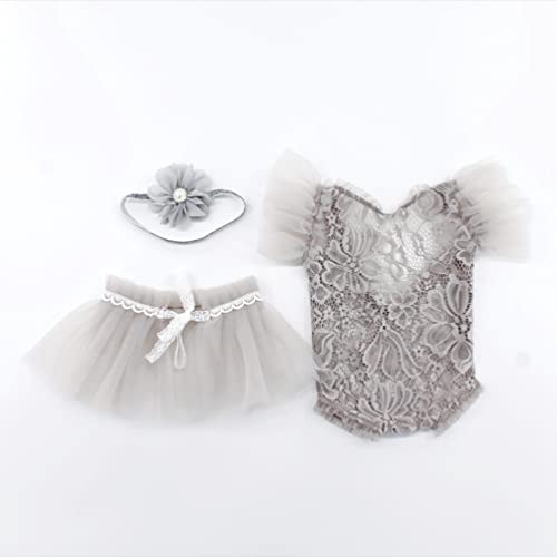 Newborn Photography Props Outfits Princess Baby Girl Pearl Lace Rompers Headdress Infant Baby Girl Photoshoot Costume - color: Gray