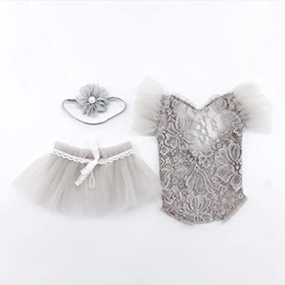 Newborn Photography Props Outfits Princess Baby Girl Pearl Lace Rompers Headdress Infant Baby Girl Photoshoot Costume - color: Gray