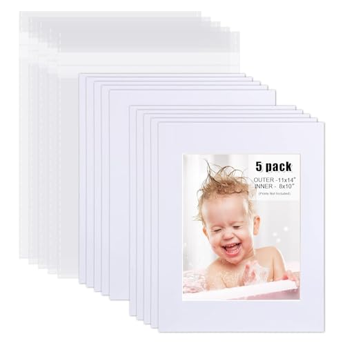 Egofine Pack of 5 White Pre-Cut Mat Board 11x14 Picture Mat for 8x10 Photo with White Core Bevel Cut Mattes Sets. Includes 5 High Premier Acid Free Mats & 5 Backing Board & 5 Clear Bags - color: White-11"x14" Pack of 5 Complete Set